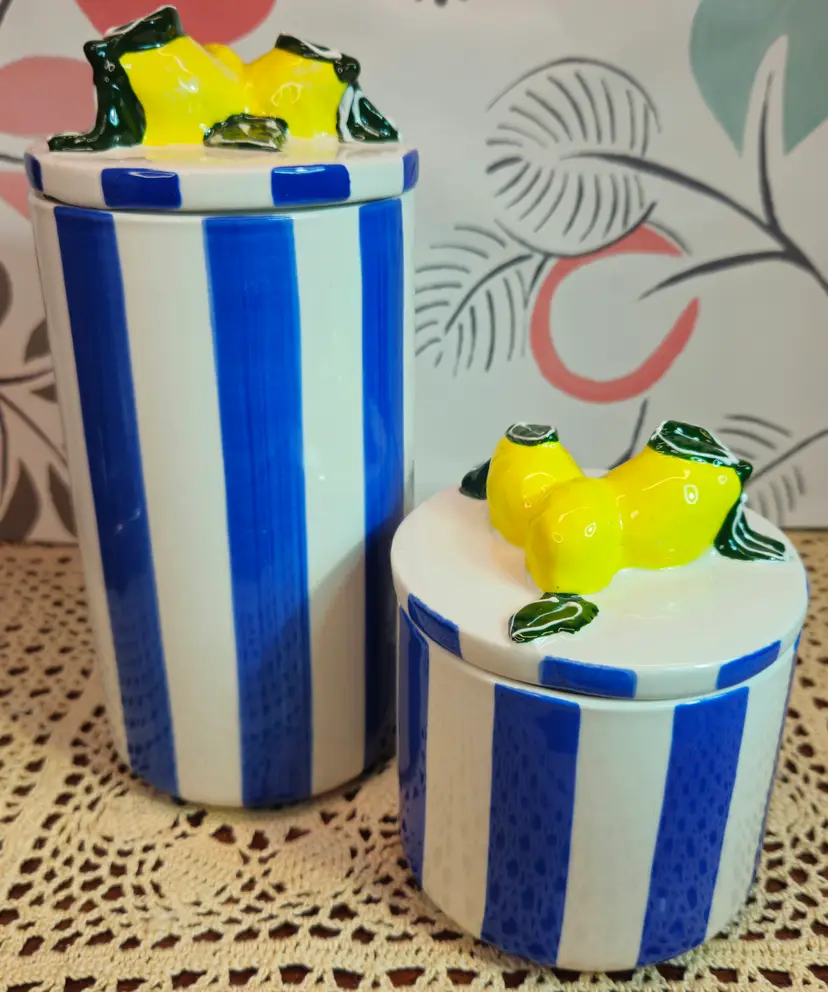 NWT Set of 2 Blue & White Striped Lemon Themed Canisters w/ Freshness Lids