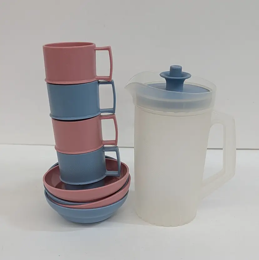 Vintage Tupperware Toys Kids Mini Serve It Party Set Pink & Blue Pitcher Bowls Cups