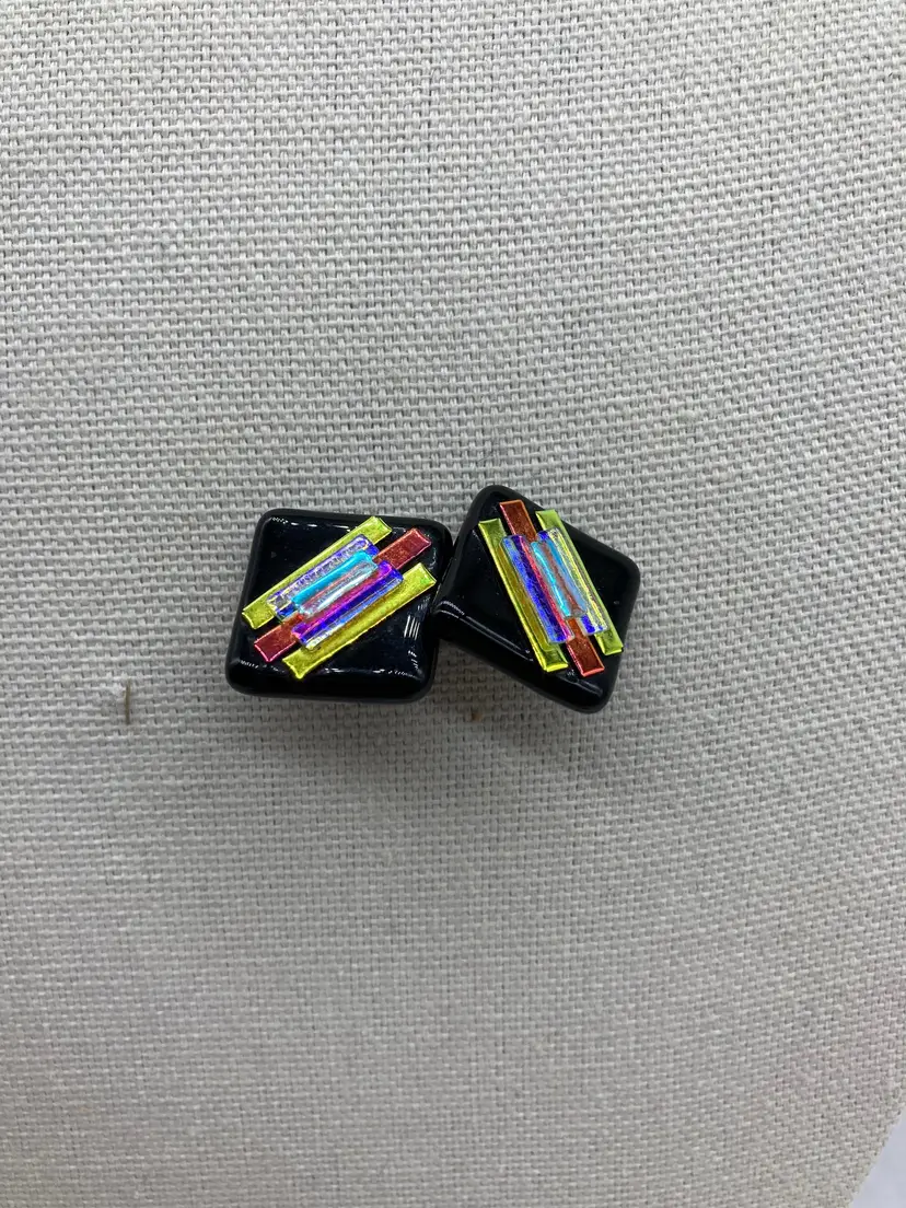fused dichroic glass square stud earrings with colorful, iridescent glass strips