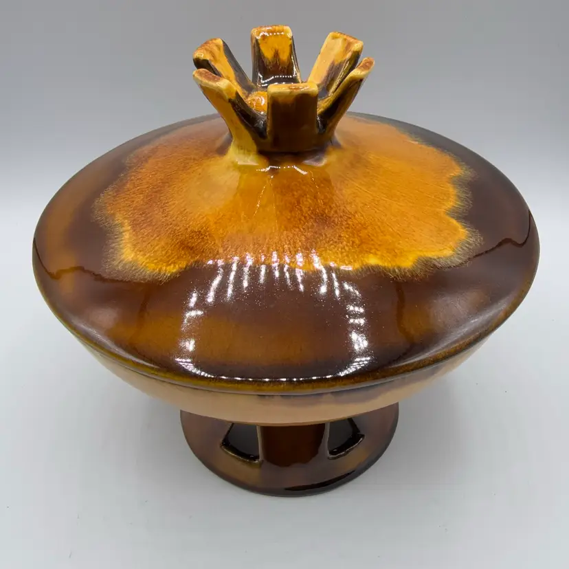 Haeger USA 707-S Atomic Lidded Candy Dish Yellow Drip Glaze