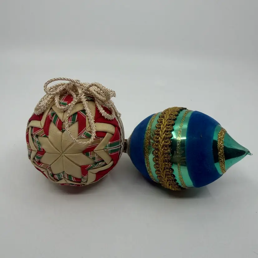 2 Vintage Christmas Ornaments Handmade Quilt & Teardrop Glass W Velvet & Gold Trim