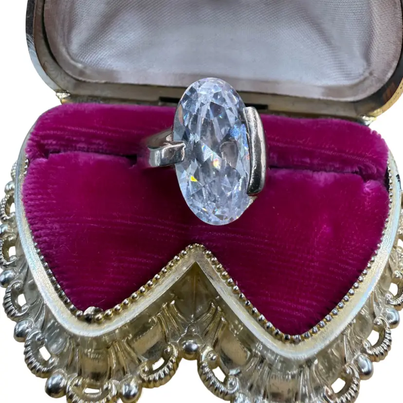 Sterling Silver Oval Crystal Cocktail Ring - Size 6