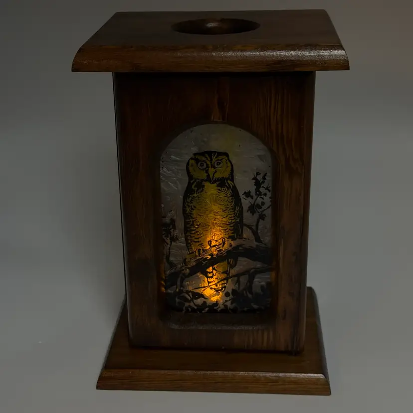 Wooden Lantern Candle Holder Lantern Box With Owl Glass Panel Vintage 1970s