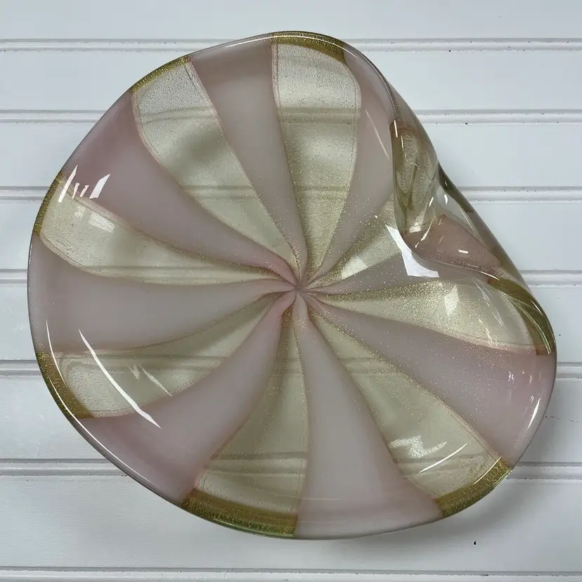 Vintage Alfredo Barbini Murano Circus Tent Bowl Art Glass Pink Gold