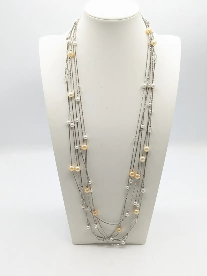 Silver Tone Triple Strand Necklace with Faux Pearls and Beads