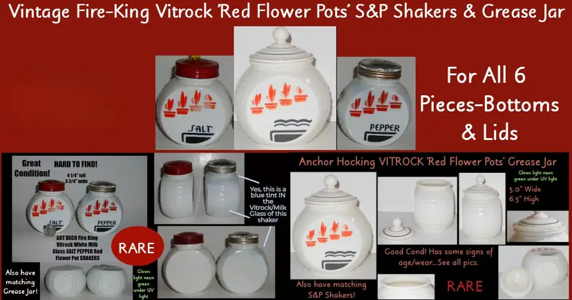 Vintage Fire-King Vitrock Red Flower Pots S&P Shakers OR Grease Jar
