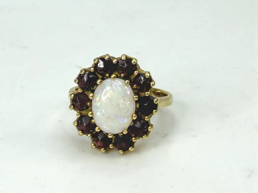 Vintage 14K Gold Opal Garnet Cluster Halo Cocktail Ring Size 5.5 JR1982
