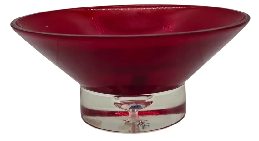 Red Art Glass Swedish Glass Bowl Clear Pedestal With Large Bubble
