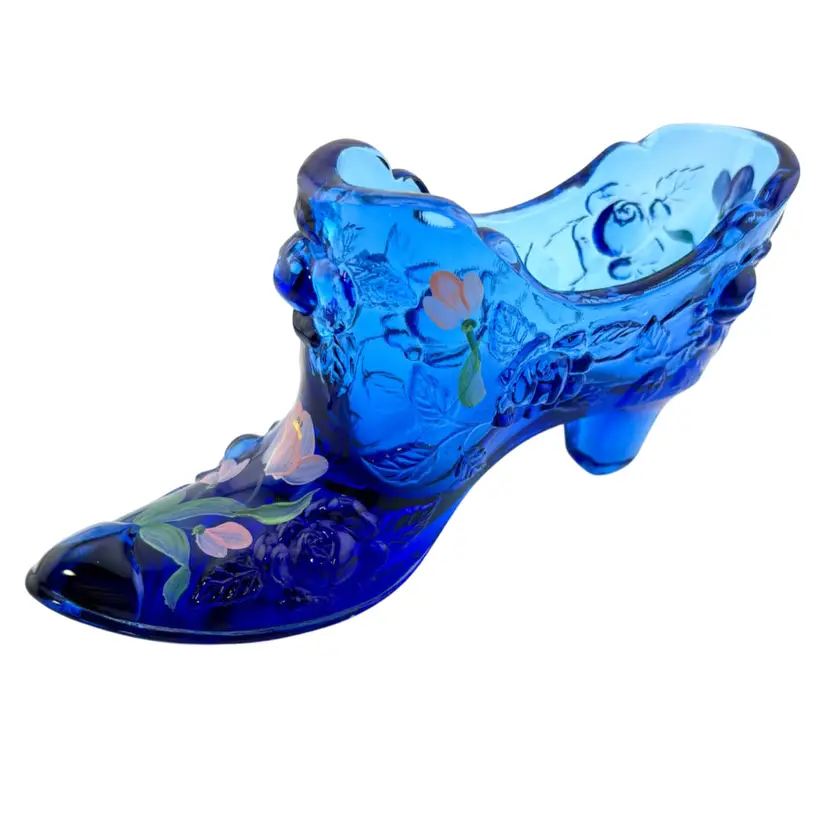 Vintage Blue Fenton Cabbage Rose Shoe Hand painted And signed 2.75” Tall x 5.5” Deep x 1.75” Wide