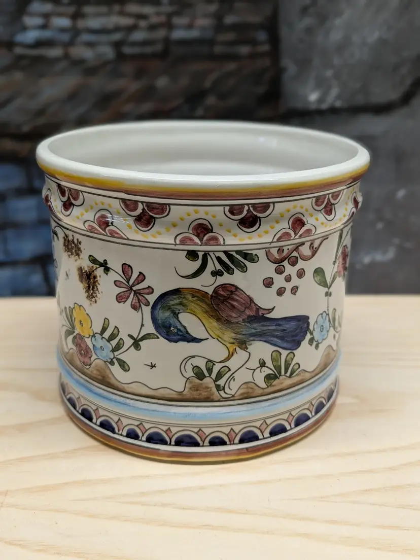 Ceramie Artis Coimbra Portugal Hand Painted Ceramic Planter Utensil Holder Birds Deer Floral Faience