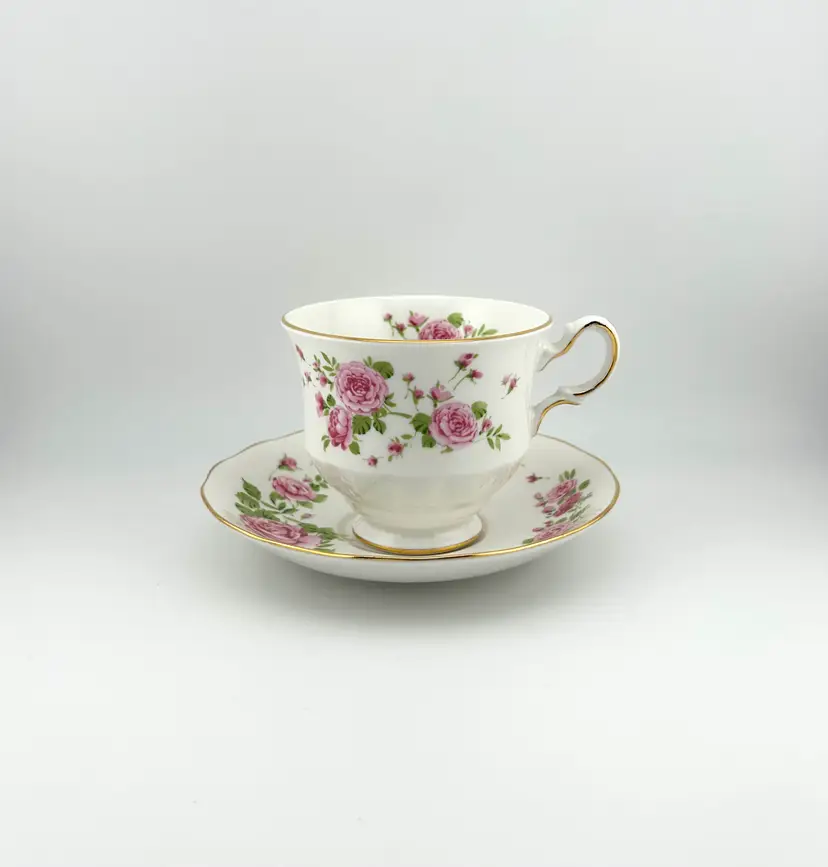 Vintage 1974 Avon Pink Roses Bone China Tea Cup and Saucer 5.5”x 3.25”