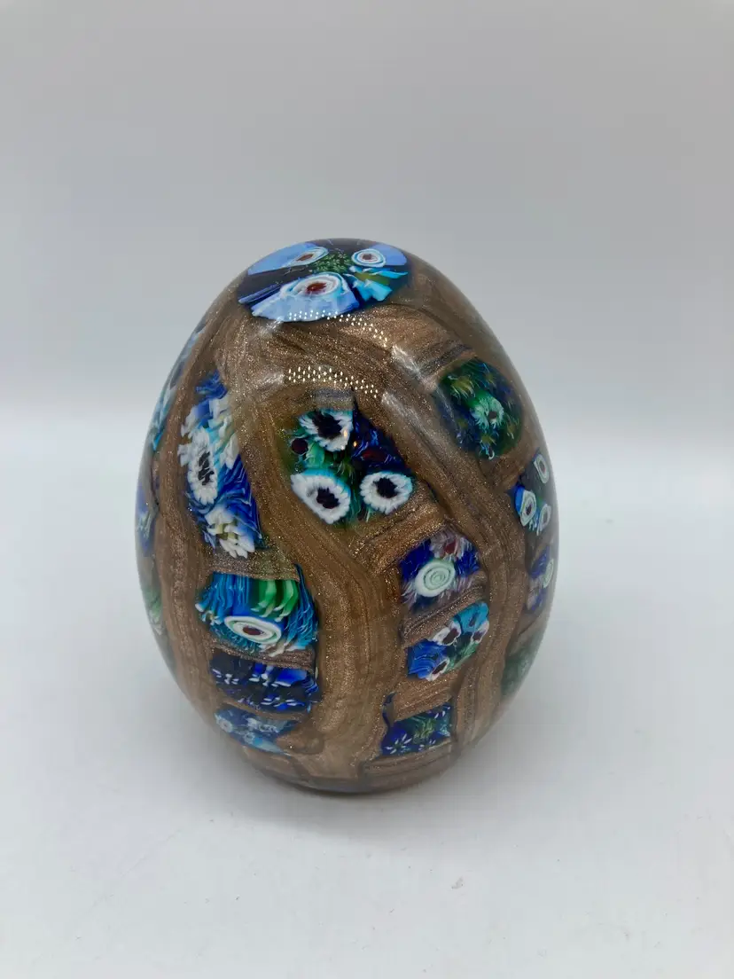 Signed Vetreria 3 Fiori Gold with Blue and Green Canes, Large Egg Shape, Checker Design