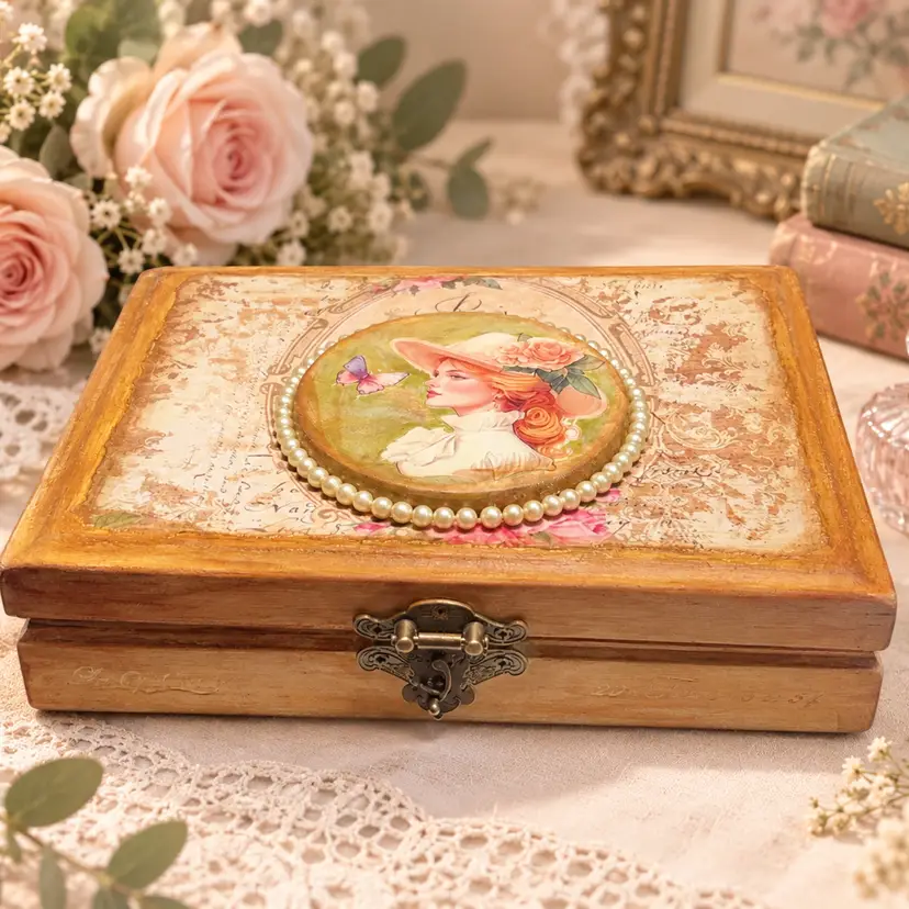 Vintage-Inspired Repurposed Cigar Box Keepsake Box | Victorian Lady Cameo, Pearls & Romantic Shabby Chic Décor 9”x 7” X 2”