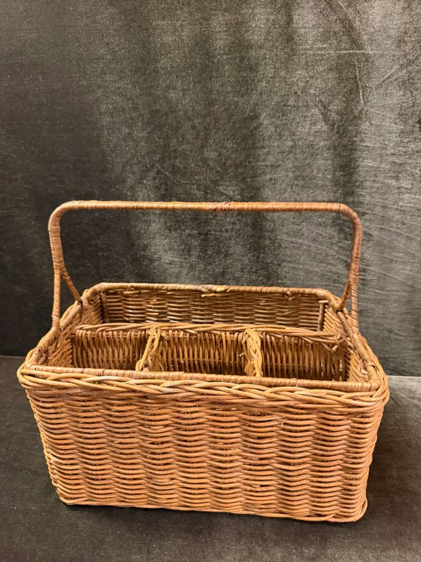 Vintage Wicker Flatware Utensil Caddy Basket