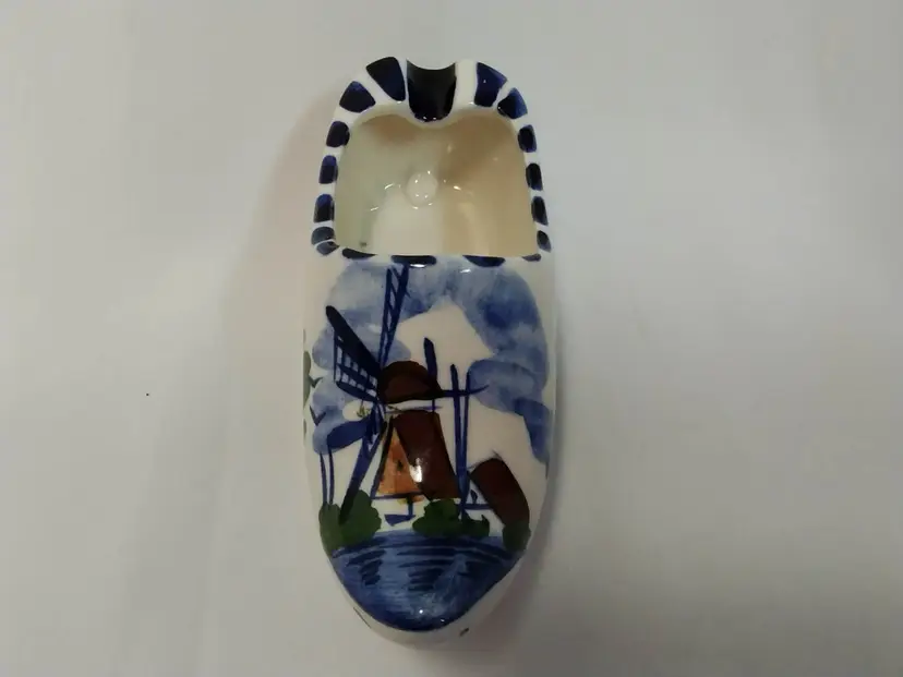 VTG Delft Blue and Brown Shoe Ashtray with Hand Painted Dutch Windmill