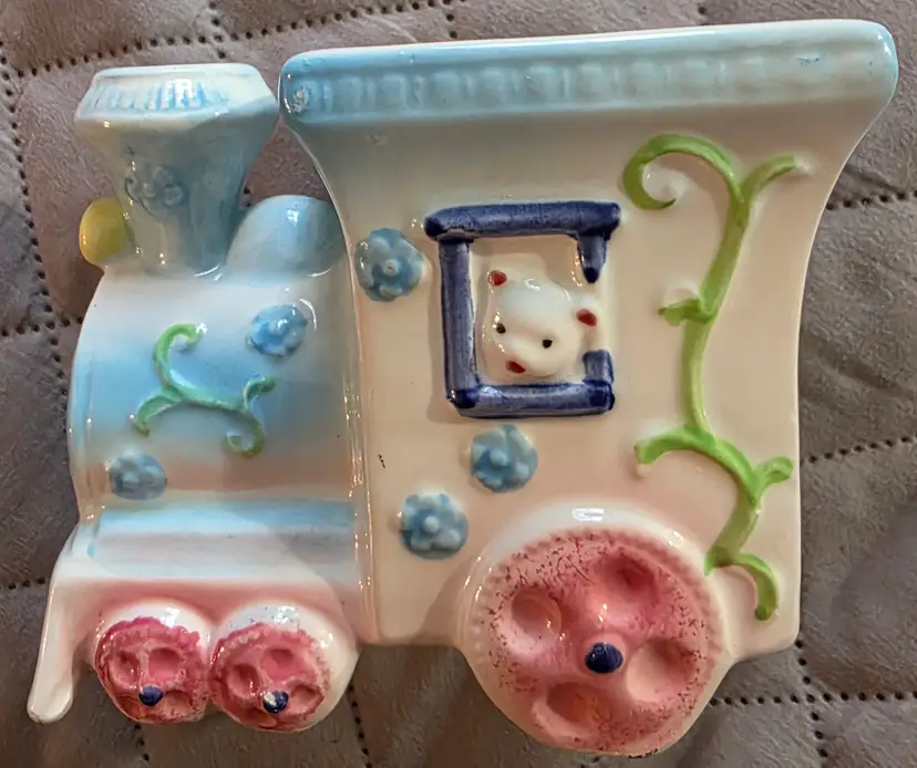 Vintage Ceramic Baby Planter Designed as a Train Locomotive with a Small Animal Figure Japan