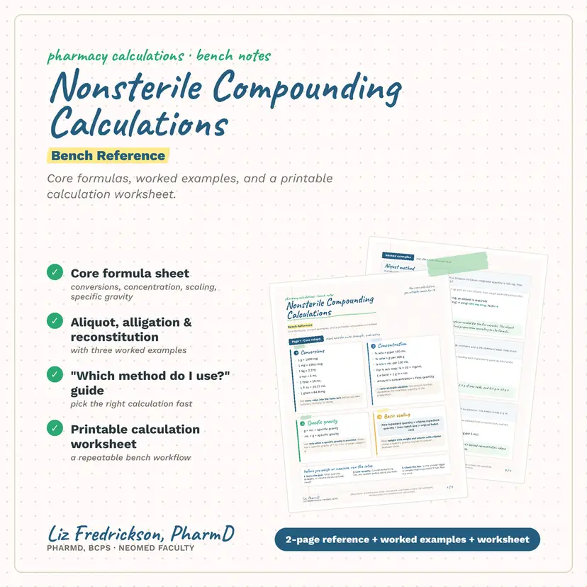 Nonsterile Compounding Calculations Bench Reference | Formulas, Worked Examples & Printable Worksheet