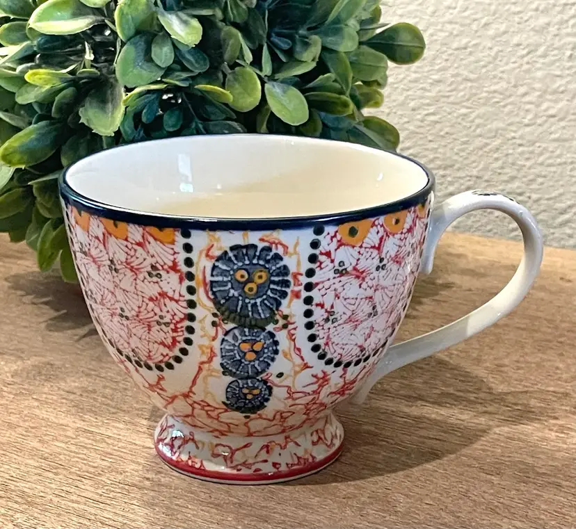 Boho Anthropologie Kebaya Mandala Footed Pedestal Ceramic Coffee Mug