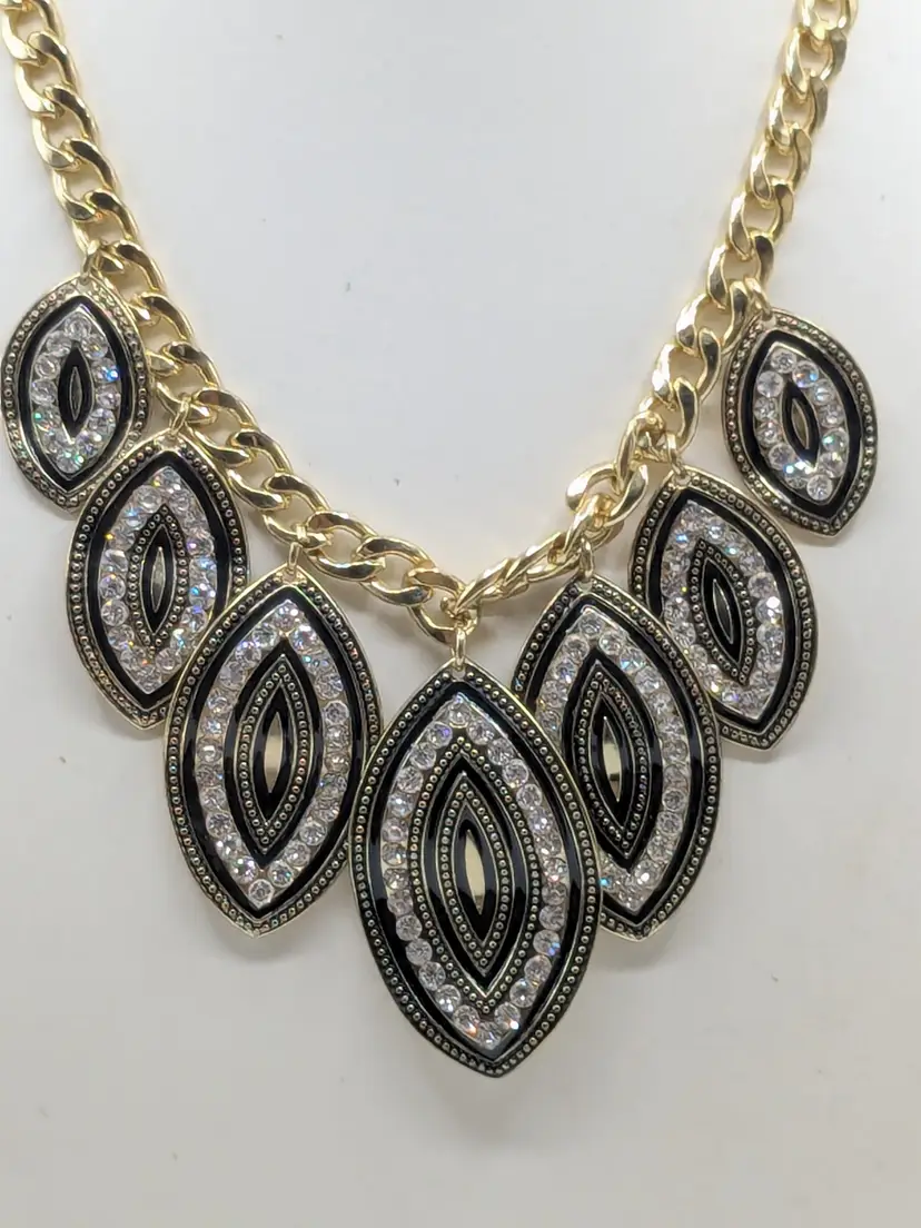 Gold Tone Crystal Pave Marquise Black Enamel Bib Statement Necklace