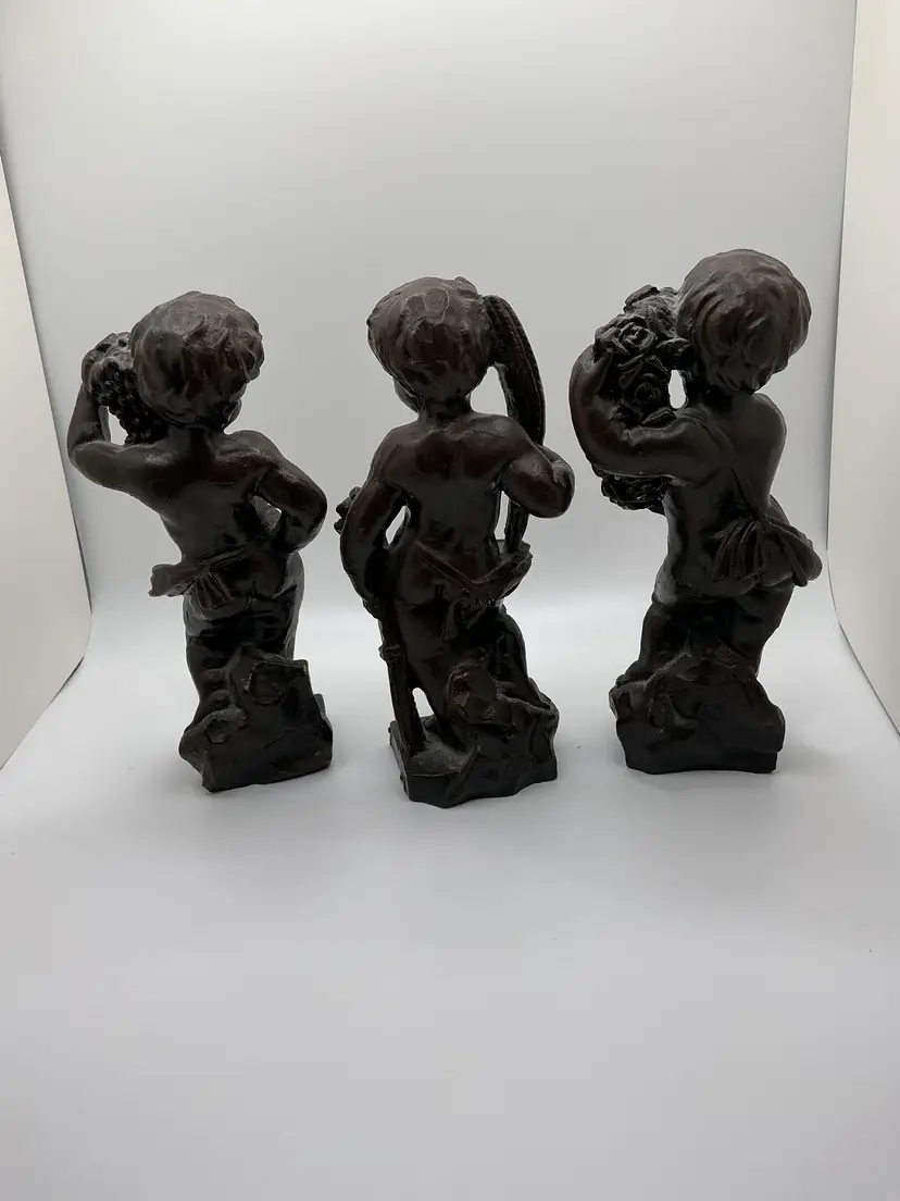 Set of 3 Vintage Composition Cherub Putti Statues - Grapes Wheat Roses