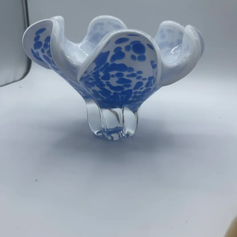 Royal Gallery Poland Hand Blown Cased Blue/White Spatter Glass Pedestal Bowl