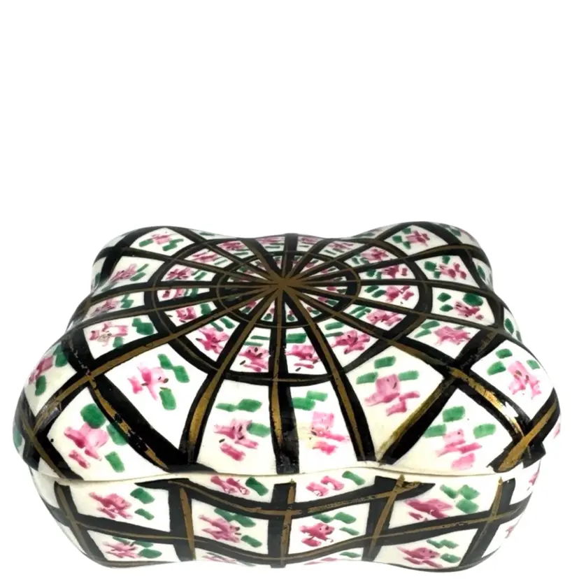Decorative Ceramic Trinket Box With Spider Like Pattern And Flowers
