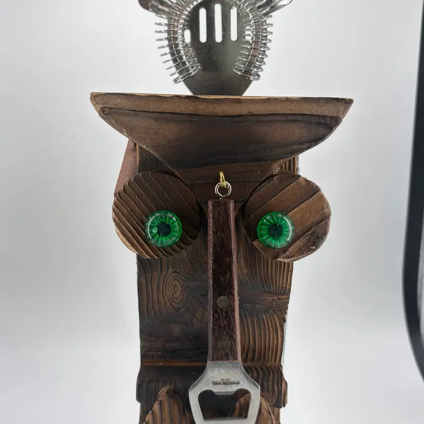 Vintage 1970S Witco Wood Owl Cocktail Bar Tool Caddy, Raised Green Wood