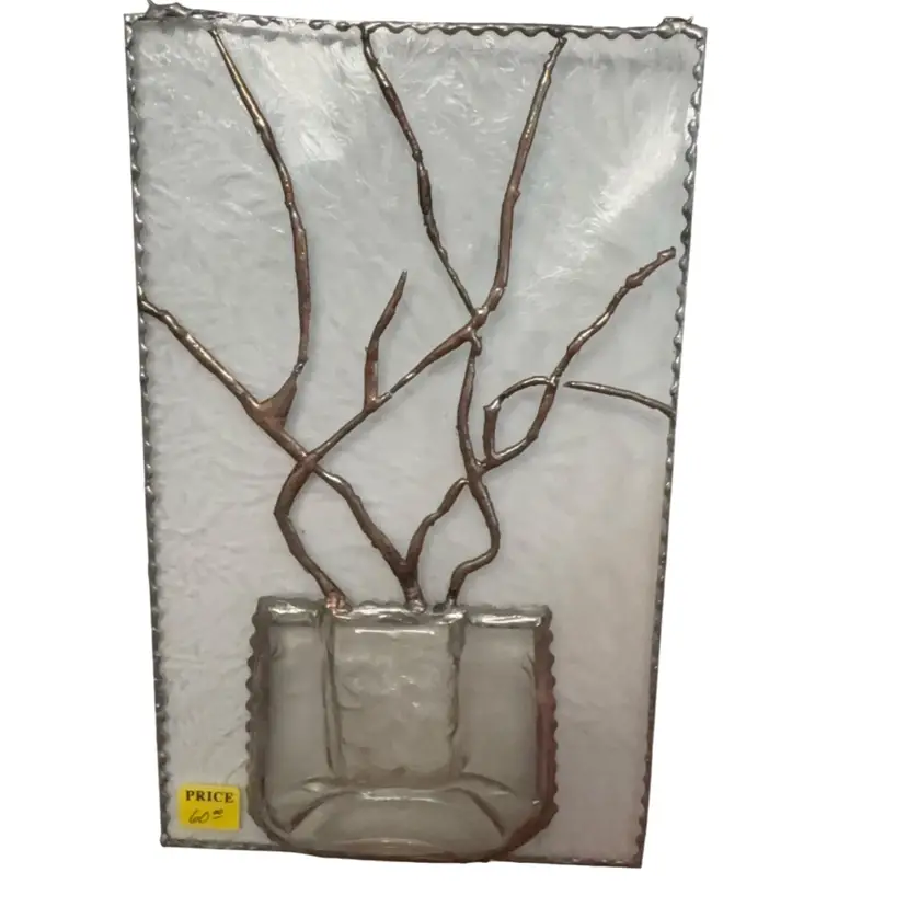 Handcrafted Stained Glue Glass With Copper Soldered Limbs And Fused Picket Vase. 12” X 7.5”. Gang In Your Window With A Fresh Flower In Vase