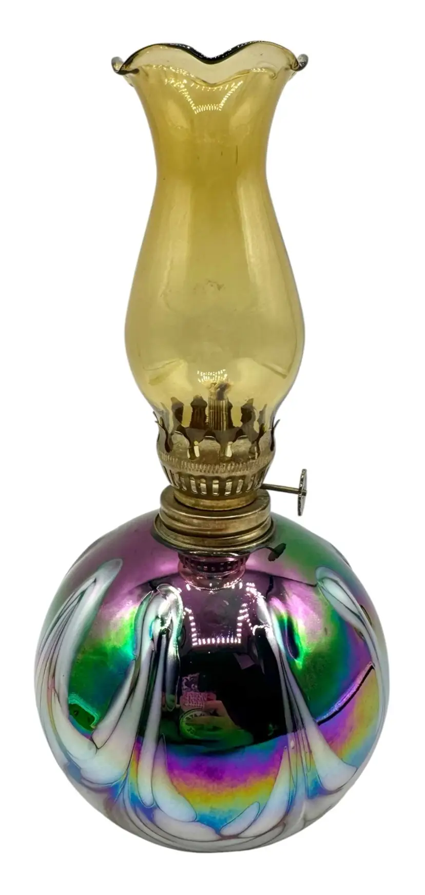 Signed MSH Mt St Helens Ash Handblown Art Glass Kerosene Oil Lamp Iridescent