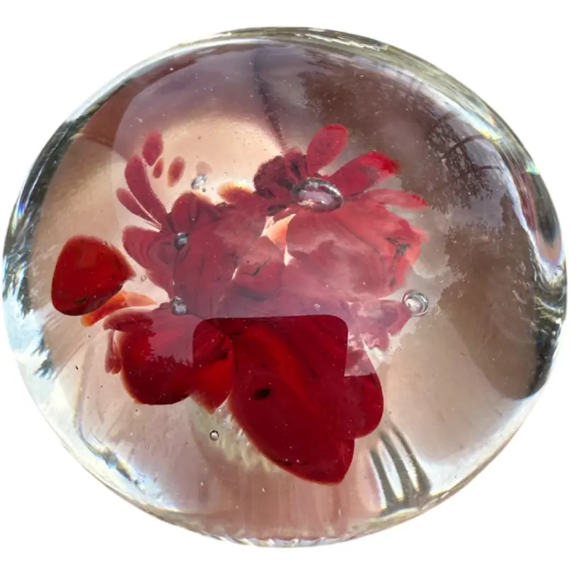 Red Floral Paperweight Signed BH