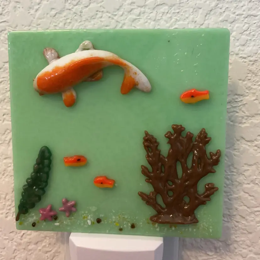 #01 Made by Me! Fused Glass Nightlight Small Koi Fish Design 4” x 4” Studio Art Handmade READ