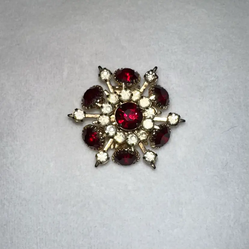 Red And Clear, Rhinestone, Starburst Brooch