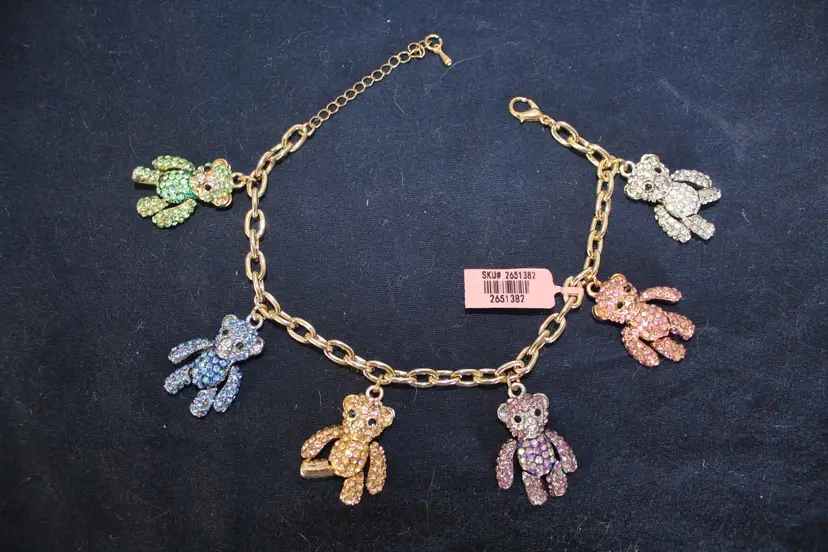 Multicolor Crystal Studded Reticulated Teddy Bear 6 Charm Gold Tone Bracelet