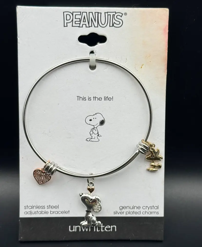 LA Rocks Peanuts This Is The Life Snoopy Adjustable Bracelet Crystal Charms NEW