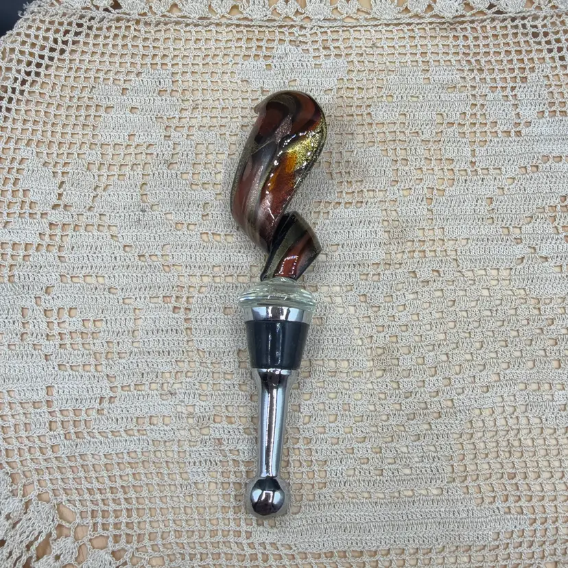🐞Vtg Murano Style Hand Blown Art Glass Wine Bottle Stopper – Twisted Flame Topper, Brown & Gold Aventurine 5”(3”Art Class)