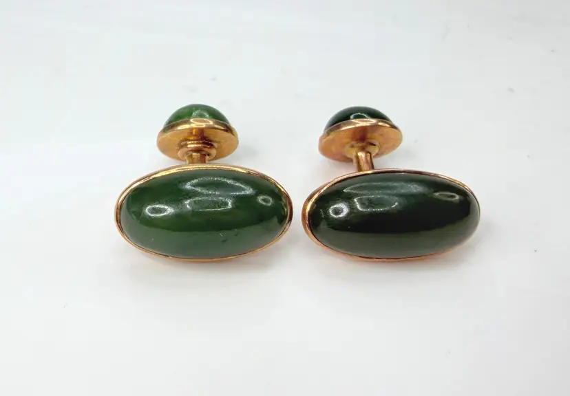 Vintage 1940s 14K Rose Gold Nephrite Jade Double-Sided Cufflinks SS491