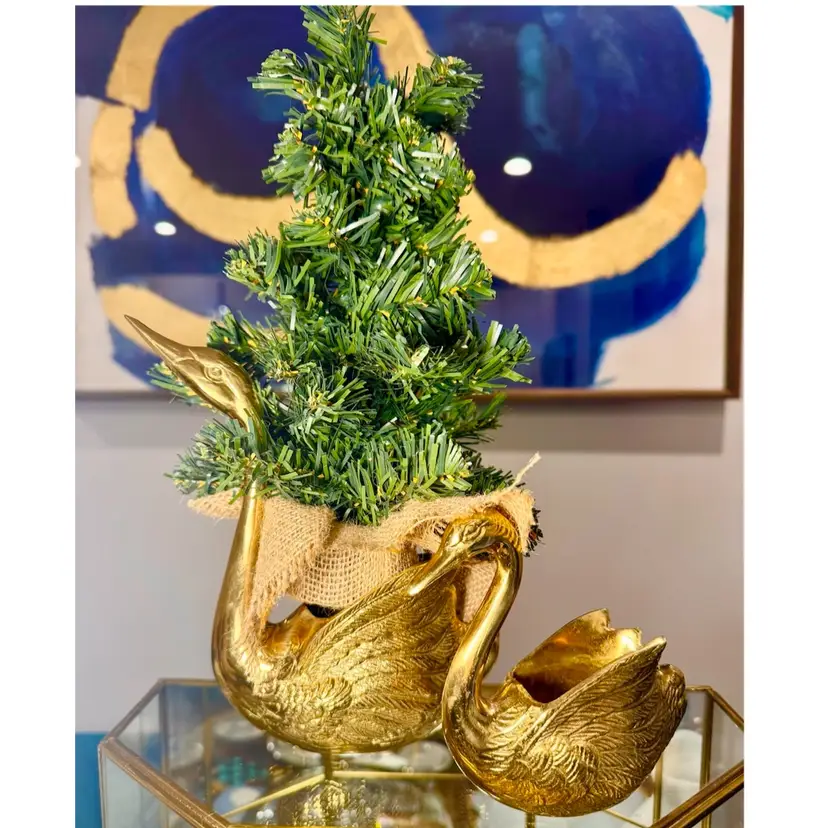 😻 7.5” & 4.75” pair of Vintage Hollywood Regency Brass Swan Planters