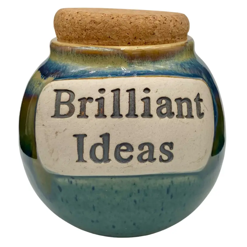 Large Tumbleweed Pottery (NC) Word Jar, " Brilliant Ideas", Cork Stopper, 5.25"