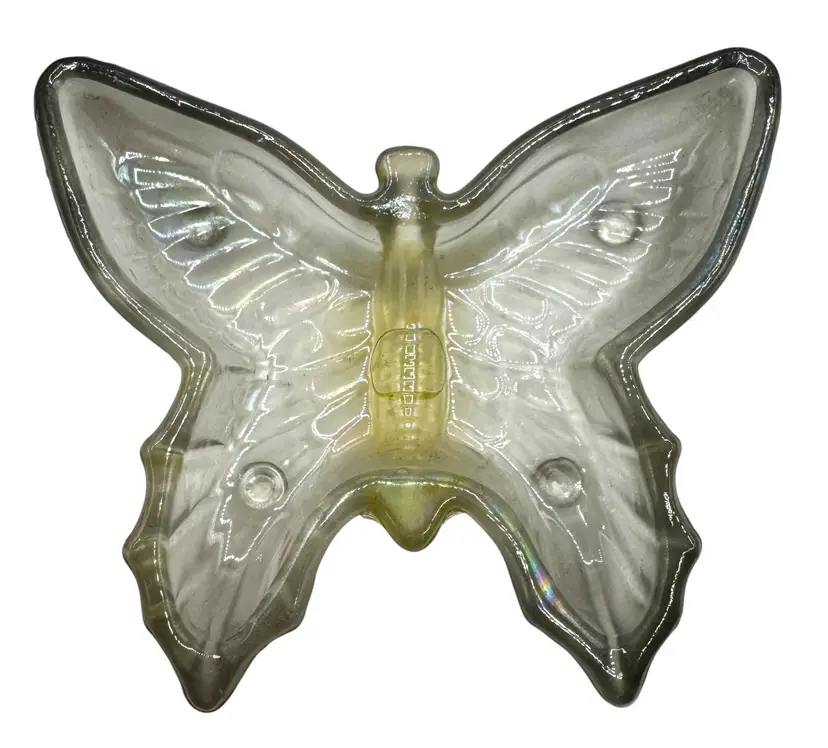 Vintage Jeanette Carnival Glass Butterfly Trinket Dish Smoky Gray Yellow 3.5”