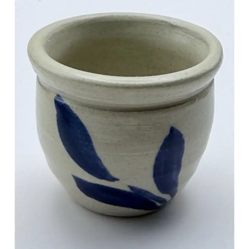 Williamsburg Pottery Small Mini Pot Planter Gray Cobalt Blue Leaf Glazed 1.5”