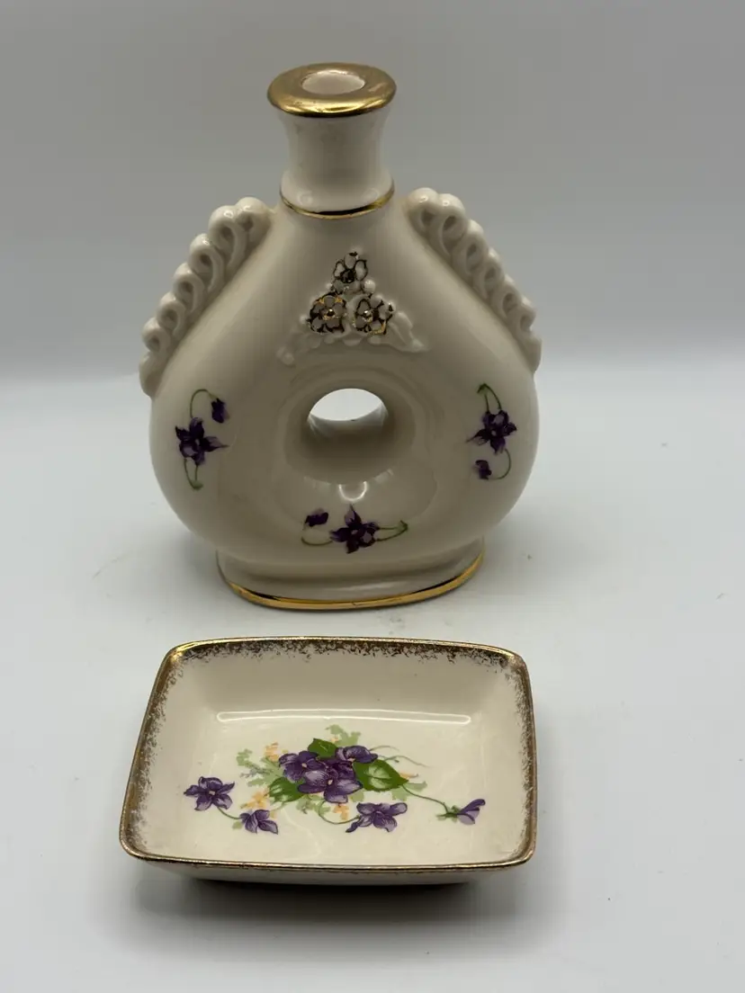 2 Piece Vintage Mid Century Shafford  Violet Donut Perfume Bottle And Trinket Dish (no Stopper); Bottle 6” X 4.5”/Dish 3.75” X 3”