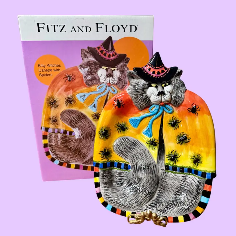 Fitz & Floyd Kitty Witches Canape Serving Plate, Black Cat Halloween, w/ Box