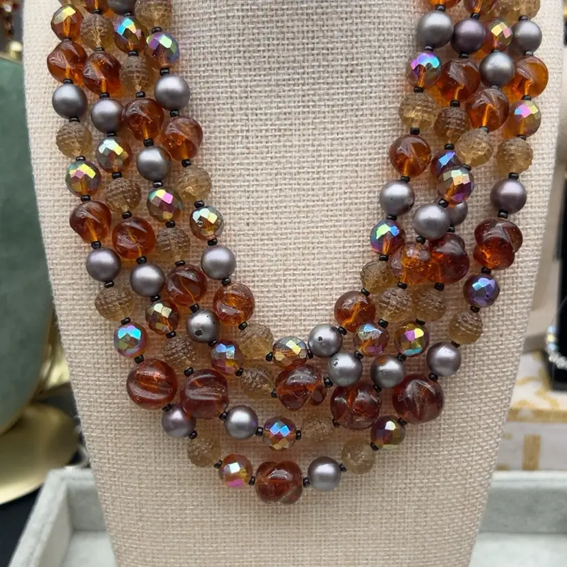 Vintage West Germany 4 Strand Glass Bead Necklace Amber AB Gray 15”