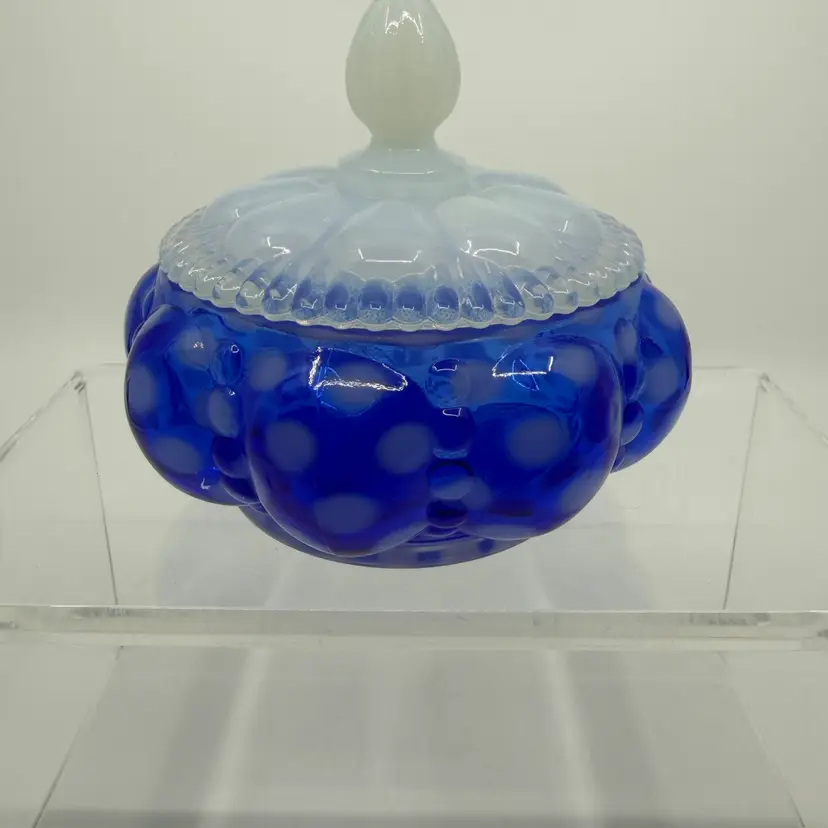 Fenton Royal Sapphire Blue Opalescent Polka Dot Melon Shape Powder Vanity Jar