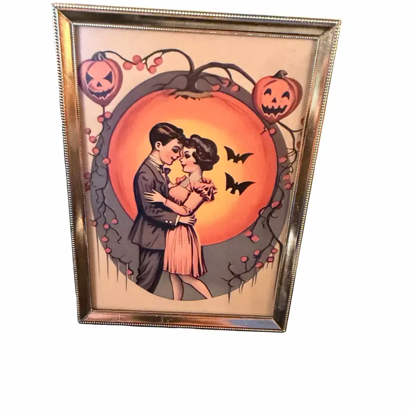 13 Upcycled Kitschy Halloween Bat Couple Framed Decor 3.5x5