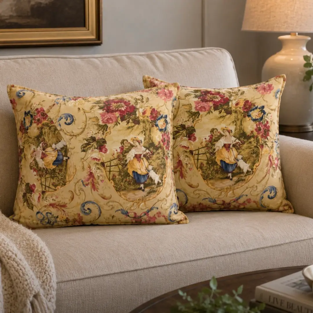 Set of two Victorian French toile pillows
