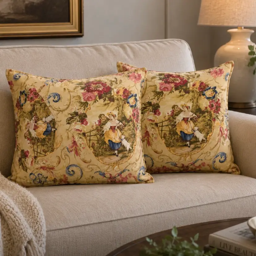 Set of two Victorian French toile pillows