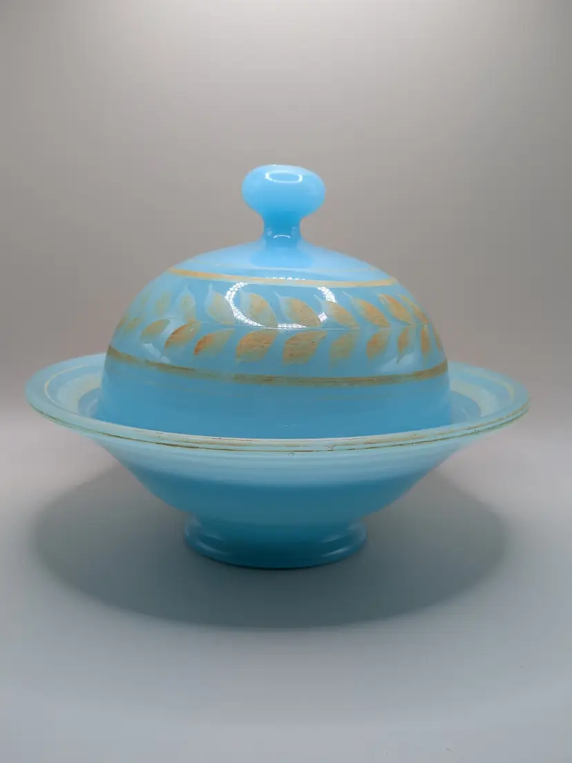 ANTIQUE BLUE OPALINE FRENCH ART GLASS OPAQUE BLUE COVERED DISH GOLDEN YELLOW LEAF DESIGN