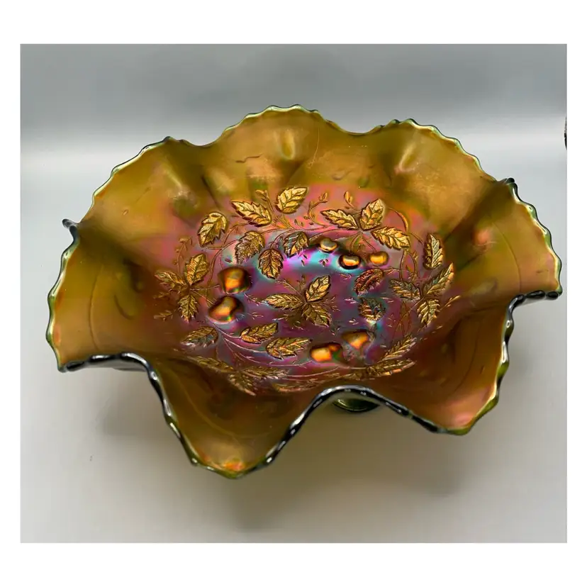 Antique Northwood Three Fruits, Carnival Green Glass Bowl With Spatulate Feet And Meander Pattern On The Back Saw Tooth Lip. WV 1914-1924