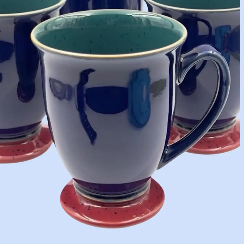 #359- Vintage Mug Set 
Denby Pottery 4pc Coffee 
Harlequin Pattern
England 1992-2004